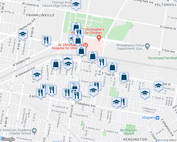 map of restaurants, bars, coffee shops, grocery stores, and more near 182 East Tioga Street in Philadelphia