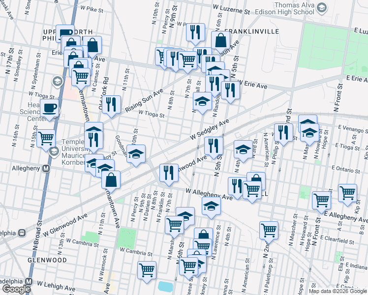 map of restaurants, bars, coffee shops, grocery stores, and more near 650 West Sedgley Avenue in Philadelphia