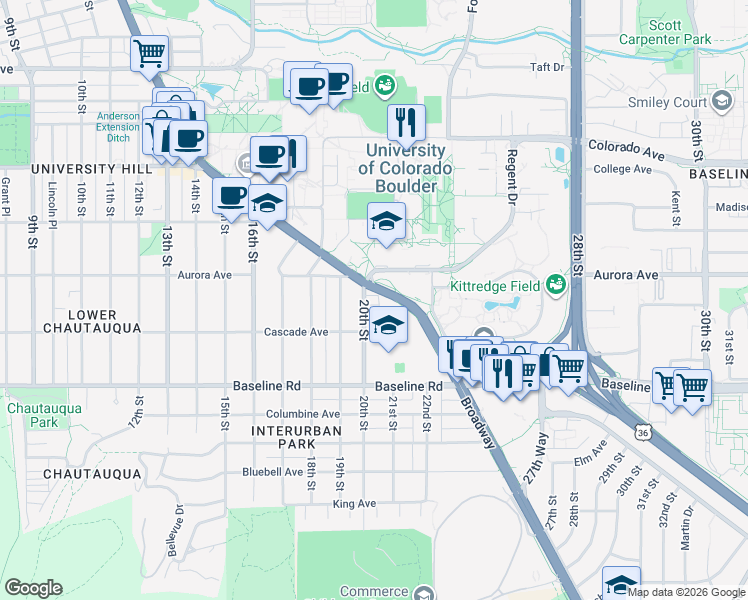map of restaurants, bars, coffee shops, grocery stores, and more near in Boulder