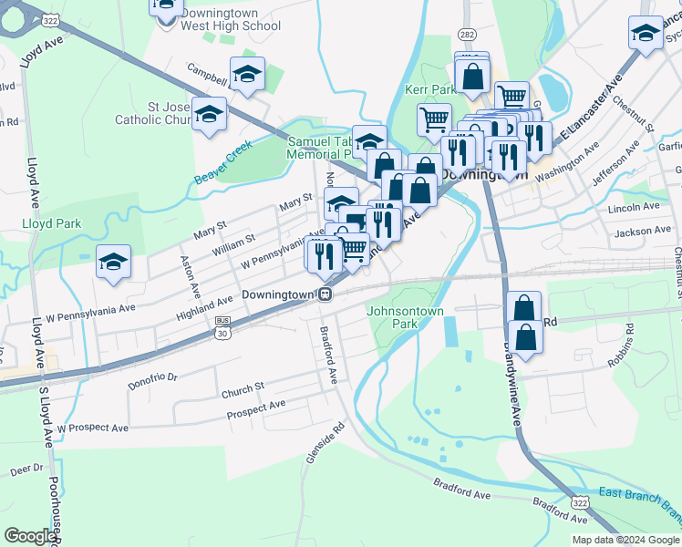 map of restaurants, bars, coffee shops, grocery stores, and more near 141 West Lancaster Avenue in Downingtown