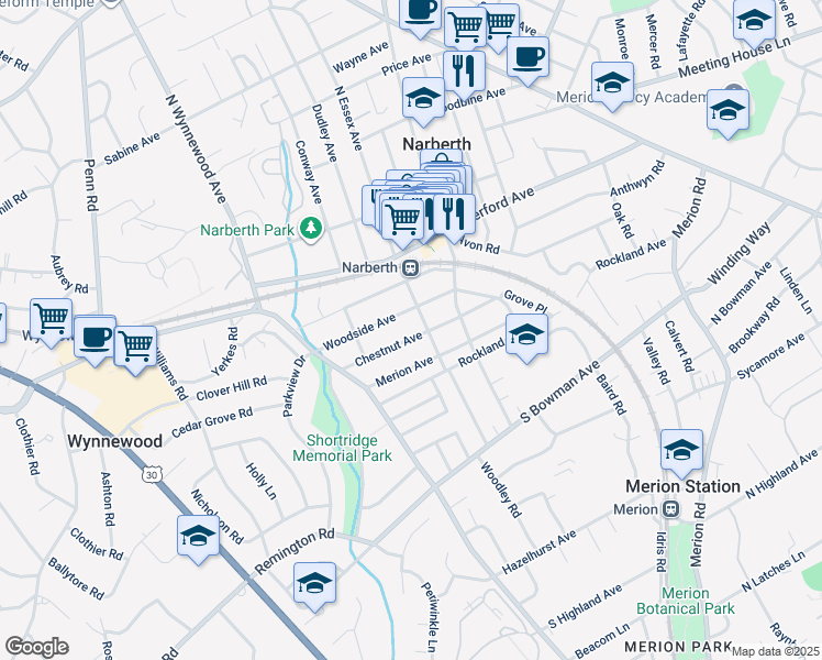 map of restaurants, bars, coffee shops, grocery stores, and more near 125 Chestnut Avenue in Narberth