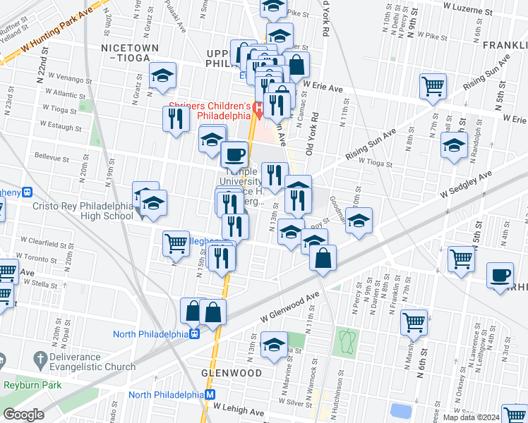 map of restaurants, bars, coffee shops, grocery stores, and more near 3265 North Park Avenue in Philadelphia