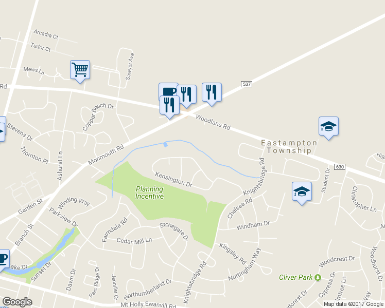 map of restaurants, bars, coffee shops, grocery stores, and more near 69 Kensington Drive in Mount Holly