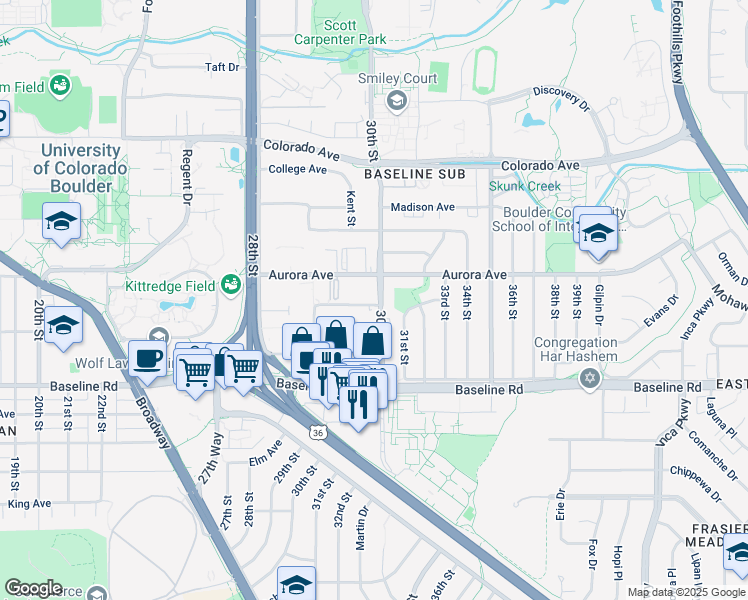 map of restaurants, bars, coffee shops, grocery stores, and more near 2990 Aurora Avenue in Boulder