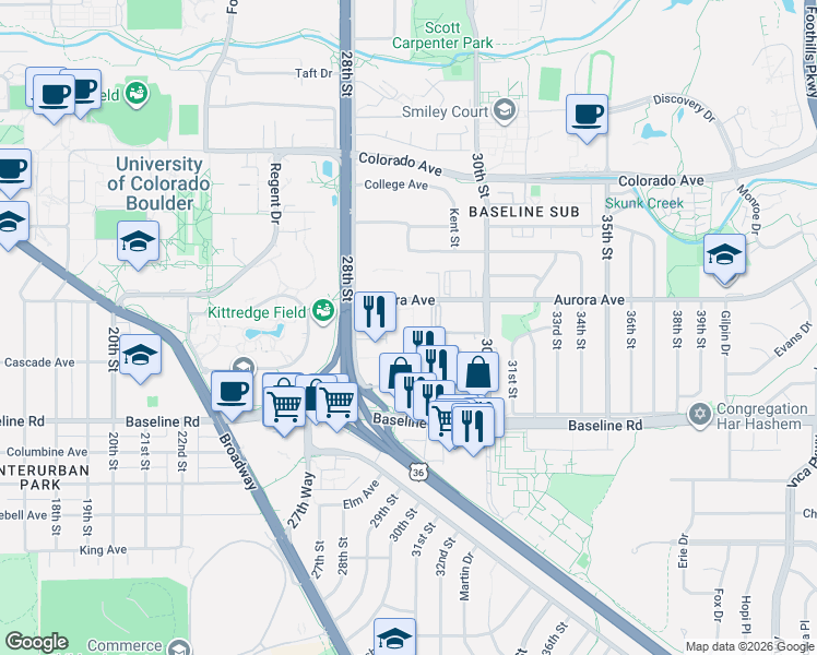 map of restaurants, bars, coffee shops, grocery stores, and more near 2850 Aurora Avenue in Boulder