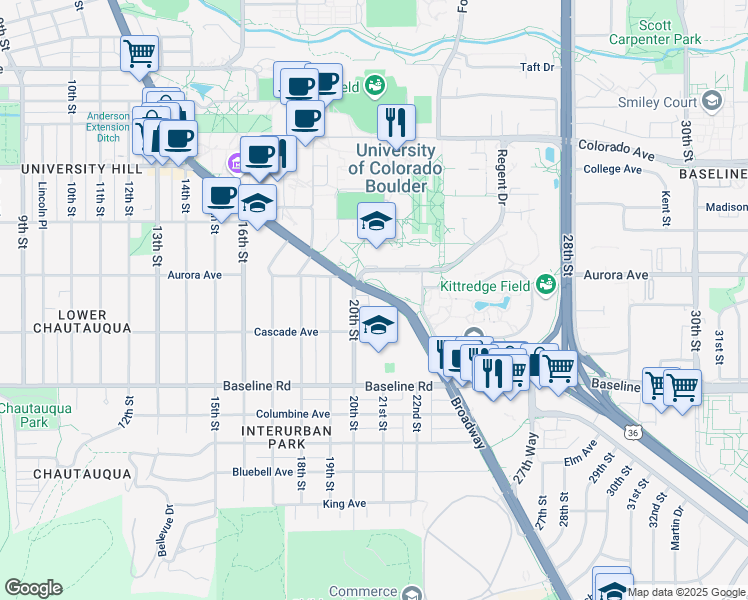 map of restaurants, bars, coffee shops, grocery stores, and more near in Boulder