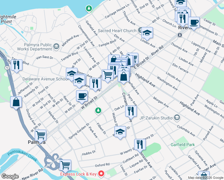 map of restaurants, bars, coffee shops, grocery stores, and more near 15 West Broad Street in Palmyra