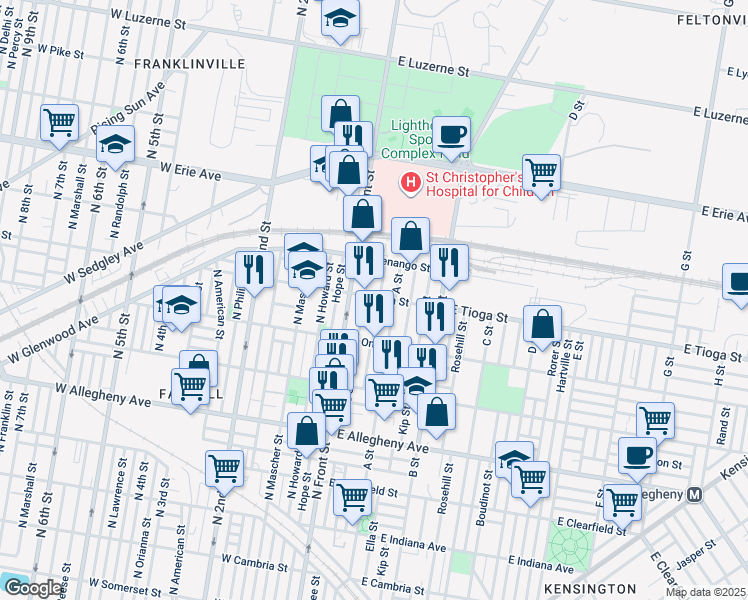 map of restaurants, bars, coffee shops, grocery stores, and more near 3468 North Water Street in Philadelphia