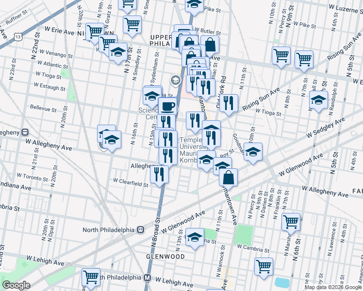 map of restaurants, bars, coffee shops, grocery stores, and more near 1329 Rising Sun Avenue in Philadelphia