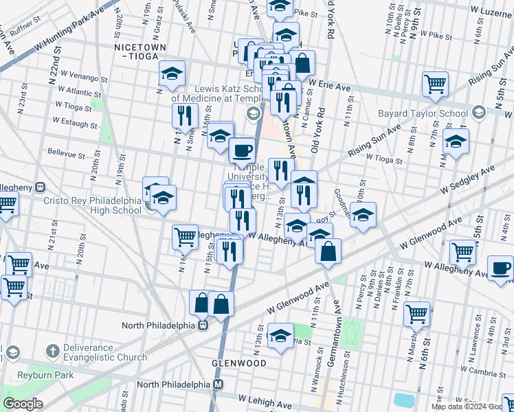 map of restaurants, bars, coffee shops, grocery stores, and more near 1329 Rising Sun Avenue in Philadelphia