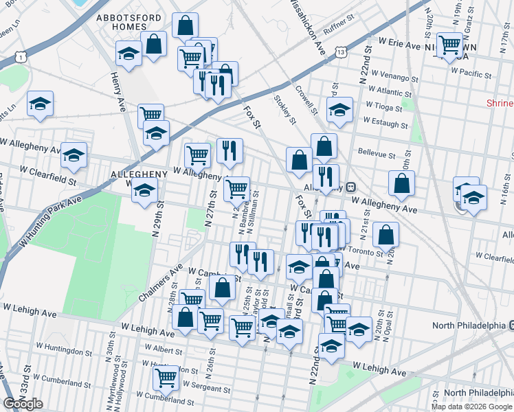 map of restaurants, bars, coffee shops, grocery stores, and more near 3152 North 25th Street in Philadelphia
