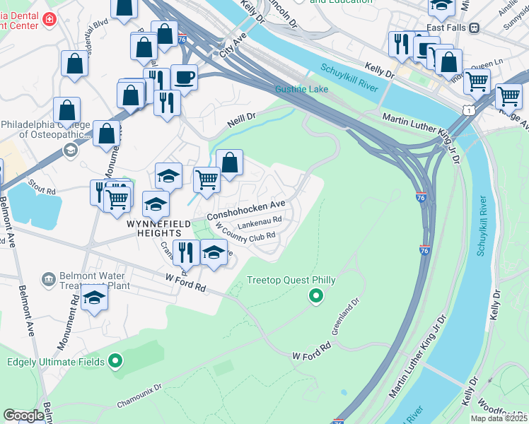 map of restaurants, bars, coffee shops, grocery stores, and more near 3716 Conshohocken Avenue in Philadelphia