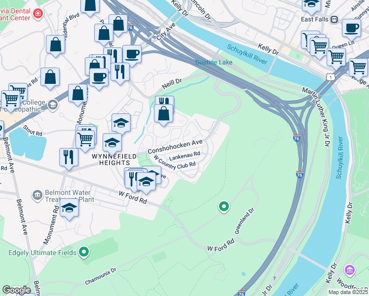 map of restaurants, bars, coffee shops, grocery stores, and more near 3801 Conshohocken Avenue in Philadelphia