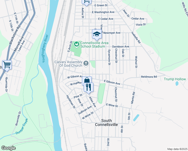 map of restaurants, bars, coffee shops, grocery stores, and more near 1325 South Pittsburgh Street in Connellsville