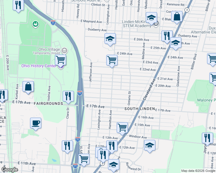 map of restaurants, bars, coffee shops, grocery stores, and more near 1047 East 20th Avenue in Columbus