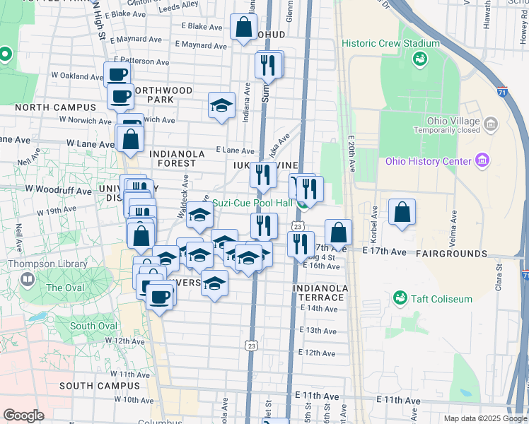 map of restaurants, bars, coffee shops, grocery stores, and more near 1975 Summit Street in Columbus