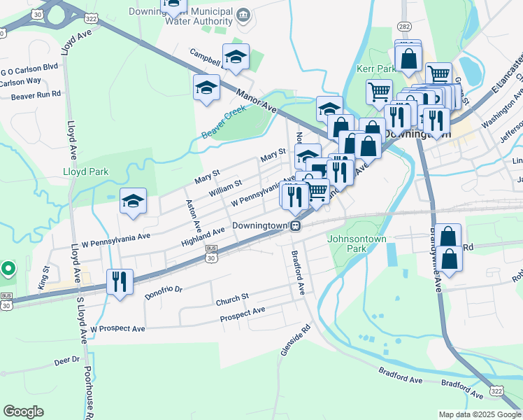 map of restaurants, bars, coffee shops, grocery stores, and more near 241 Highland Avenue in Downingtown
