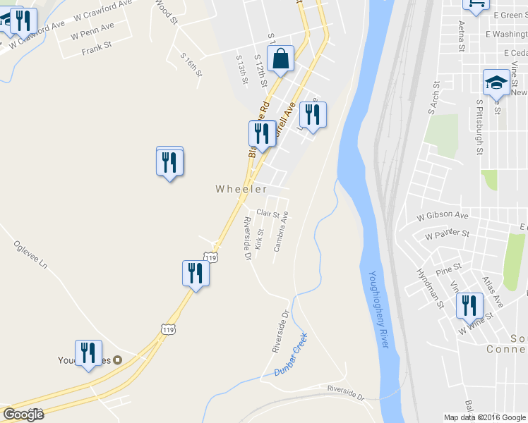map of restaurants, bars, coffee shops, grocery stores, and more near 1398 Kirk Street in Connellsville