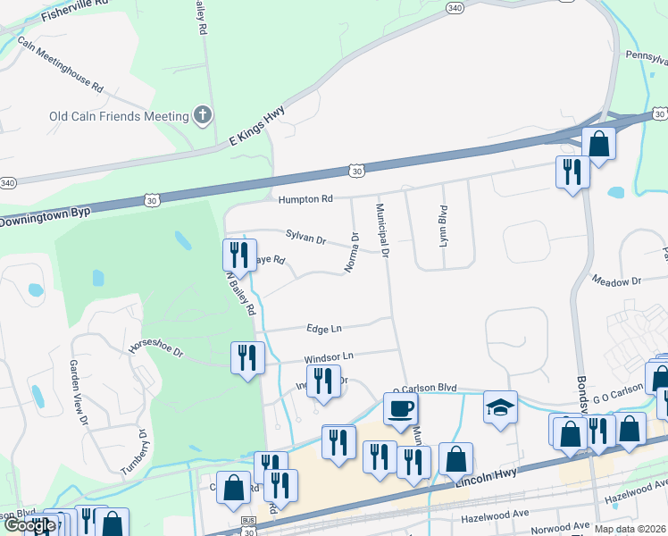 map of restaurants, bars, coffee shops, grocery stores, and more near 3311 Norma Drive in Thorndale