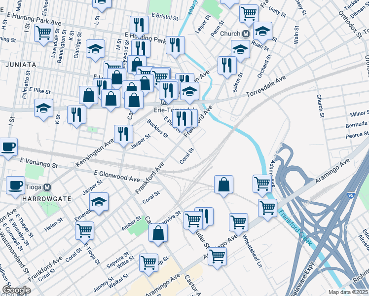 map of restaurants, bars, coffee shops, grocery stores, and more near 2019 Buckius Street in Philadelphia
