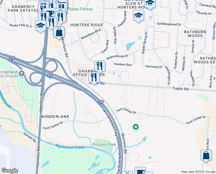 map of restaurants, bars, coffee shops, grocery stores, and more near 695 Taylor Road in Columbus