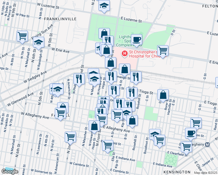 map of restaurants, bars, coffee shops, grocery stores, and more near 108 East Tioga Street in Philadelphia