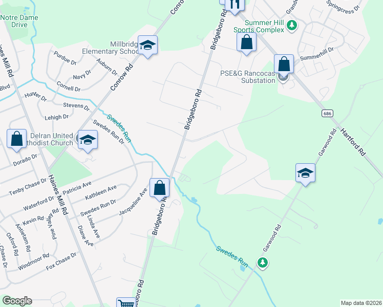 map of restaurants, bars, coffee shops, grocery stores, and more near 4302 Bridgeboro Road in Riverside