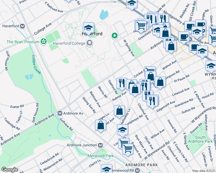 map of restaurants, bars, coffee shops, grocery stores, and more near 2935 Berkley Road in Ardmore