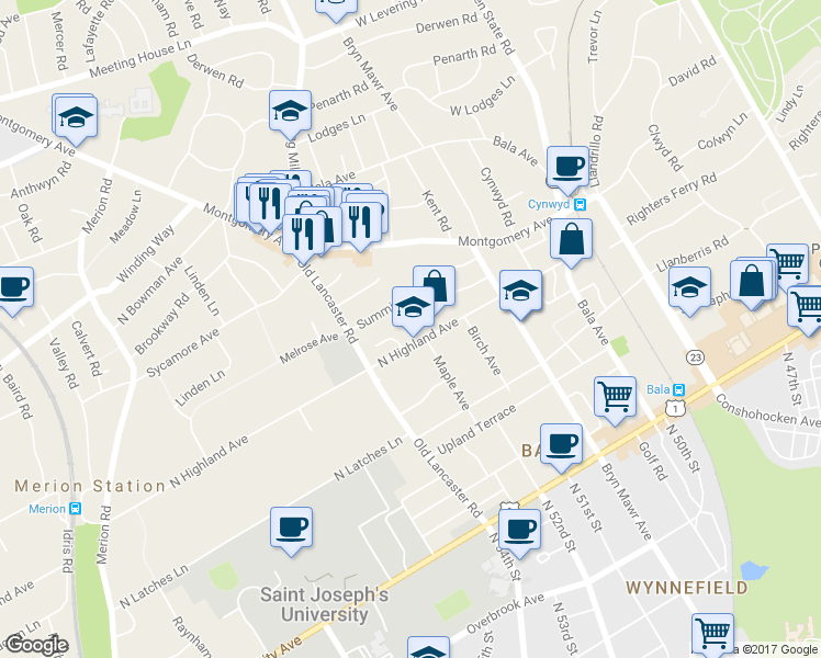 map of restaurants, bars, coffee shops, grocery stores, and more near 141 North Highland Avenue in Bala Cynwyd