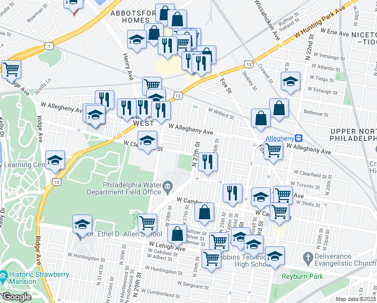 map of restaurants, bars, coffee shops, grocery stores, and more near 3102 North Marston Street in Philadelphia