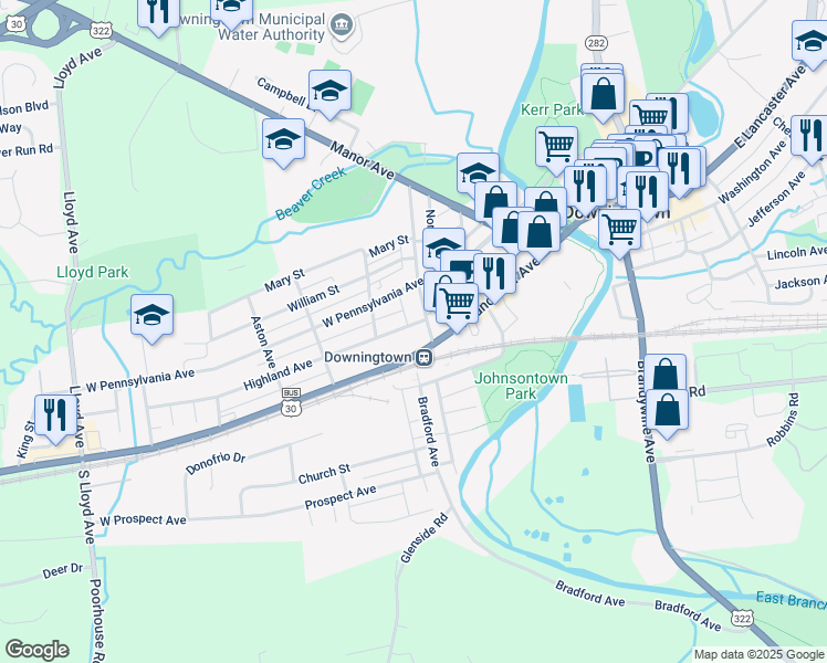 map of restaurants, bars, coffee shops, grocery stores, and more near 208 Highland Avenue in Downingtown