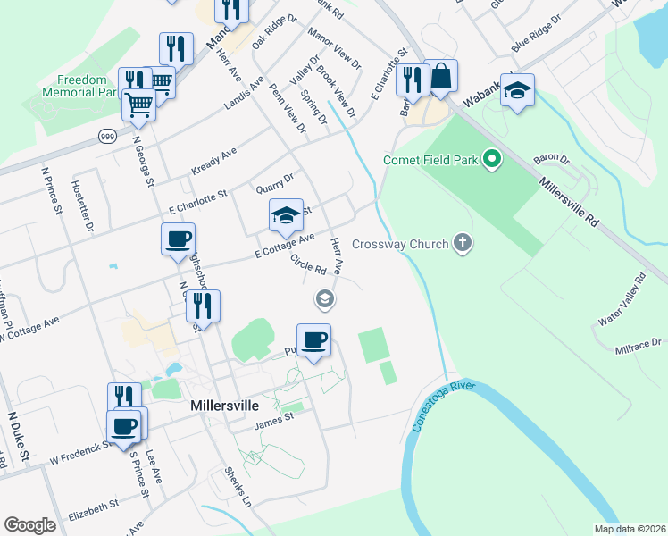 map of restaurants, bars, coffee shops, grocery stores, and more near 220 Herr Avenue in Millersville