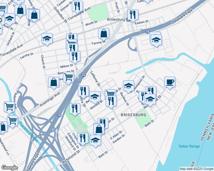 map of restaurants, bars, coffee shops, grocery stores, and more near 4525 Miller Street in Philadelphia