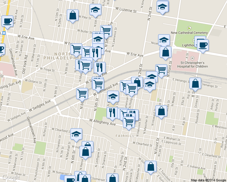 map of restaurants, bars, coffee shops, grocery stores, and more near 3416 North Orianna Street in Philadelphia