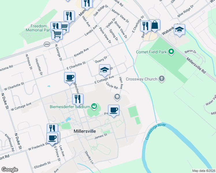 map of restaurants, bars, coffee shops, grocery stores, and more near 132 East Cottage Avenue in Millersville
