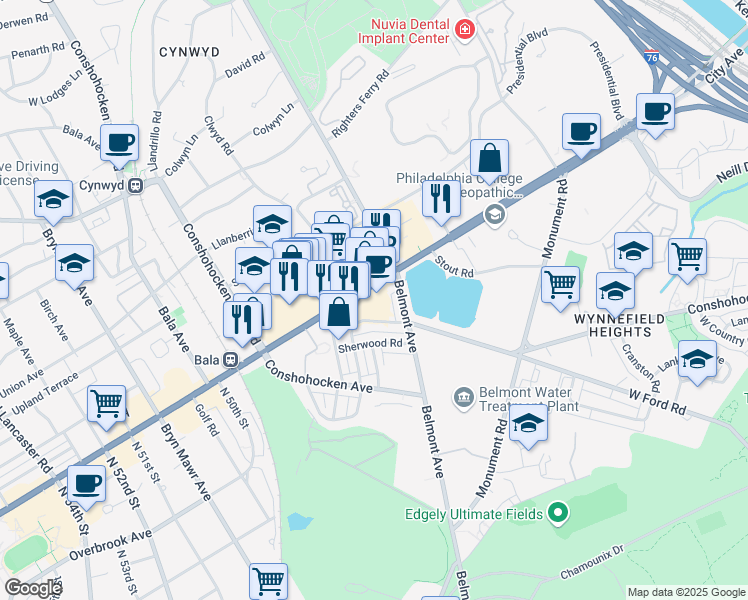 map of restaurants, bars, coffee shops, grocery stores, and more near 169 East City Avenue in Bala Cynwyd