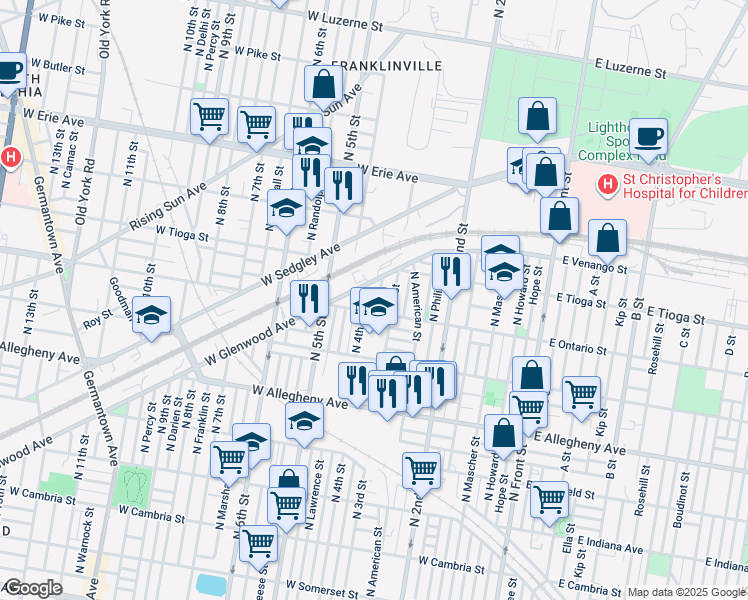 map of restaurants, bars, coffee shops, grocery stores, and more near 3416 North Orianna Street in Philadelphia