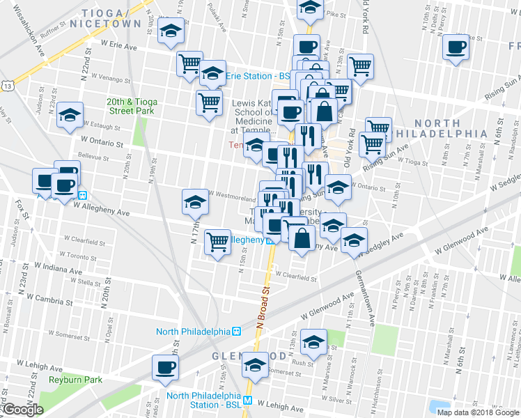 map of restaurants, bars, coffee shops, grocery stores, and more near 3248 North Carlisle Street in Philadelphia