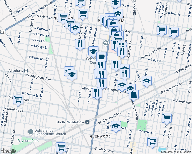 map of restaurants, bars, coffee shops, grocery stores, and more near 1411 West Westmoreland Street in Philadelphia