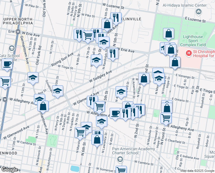 map of restaurants, bars, coffee shops, grocery stores, and more near North 5th Street in Philadelphia