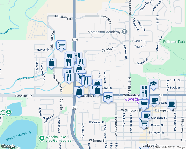 map of restaurants, bars, coffee shops, grocery stores, and more near 553 Arbor Drive in Lafayette