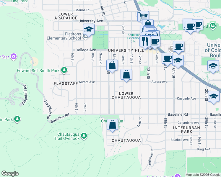 map of restaurants, bars, coffee shops, grocery stores, and more near in Boulder