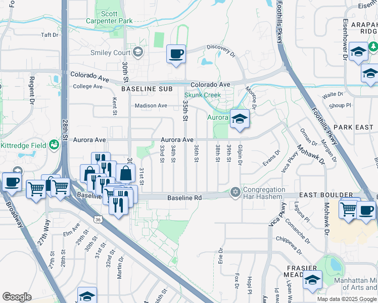 map of restaurants, bars, coffee shops, grocery stores, and more near 875 36th Street in Boulder