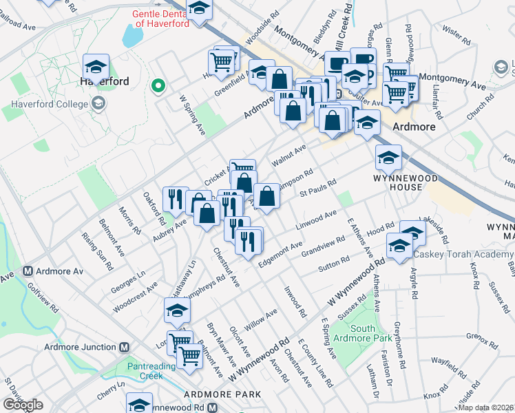 map of restaurants, bars, coffee shops, grocery stores, and more near 65 East Spring Avenue in Ardmore