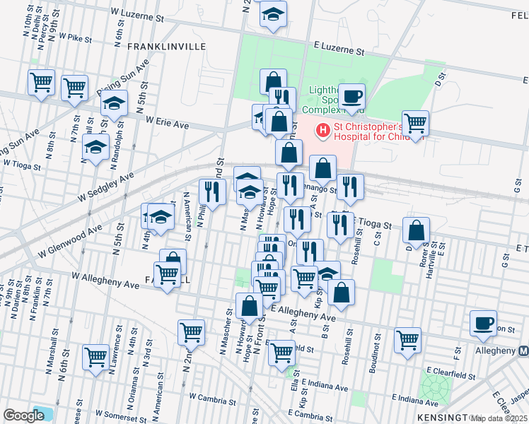 map of restaurants, bars, coffee shops, grocery stores, and more near 3453 North Howard Street in Philadelphia