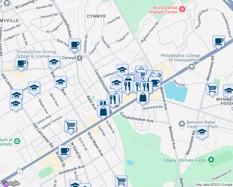 map of restaurants, bars, coffee shops, grocery stores, and more near 27 Conshohocken State Road in Bala Cynwyd