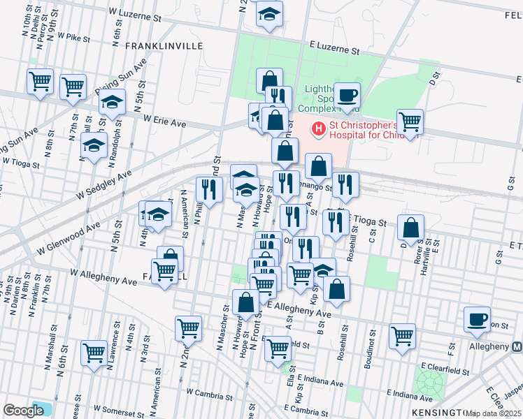 map of restaurants, bars, coffee shops, grocery stores, and more near 3453 North Howard Street in Philadelphia