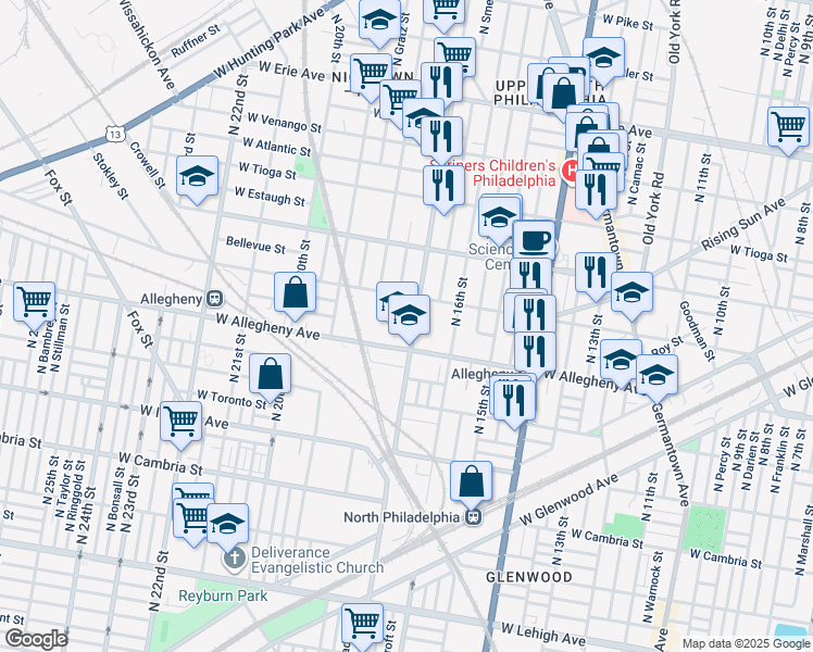 map of restaurants, bars, coffee shops, grocery stores, and more near 3224 North 17th Street in Philadelphia