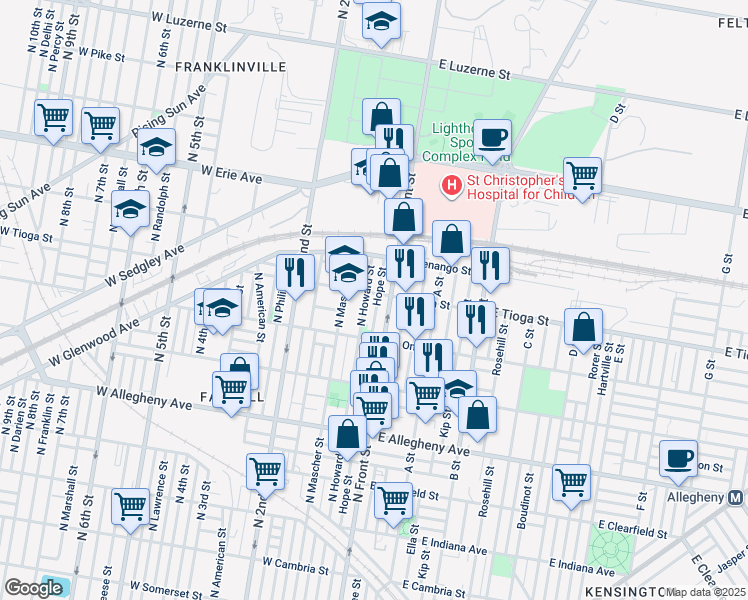 map of restaurants, bars, coffee shops, grocery stores, and more near 3462 North Hope Street in Philadelphia