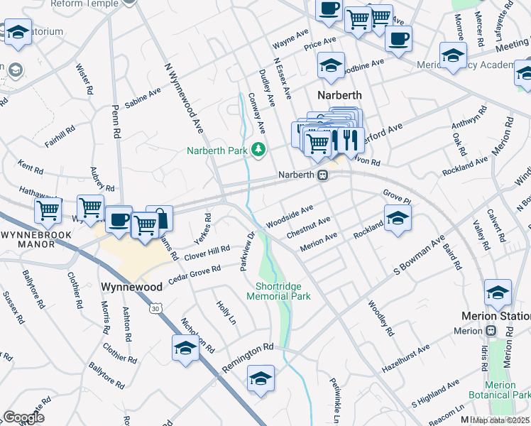 map of restaurants, bars, coffee shops, grocery stores, and more near 7 Elmwood Avenue in Narberth